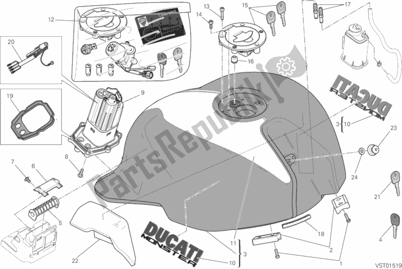 All parts for the Fuel Tank of the Ducati Monster 821 Stripes USA 2016